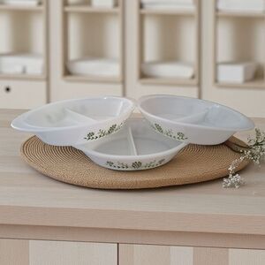 Vintage Set Of 3 Glasbake Casserole Dish Green Crazy Daisy Spring Flower Divided